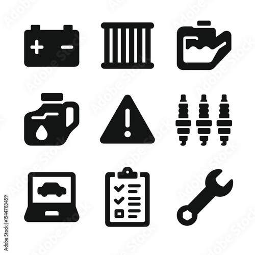 Vehicle Maintenance Icons. Solid, filled icons set of vehicle maintenance tracking: battery check, air filter,