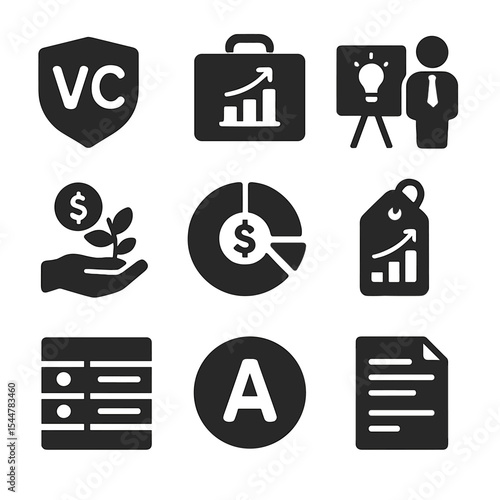 Venture Capital Icons. Solid, filled icons set of venture capital: VC badge, portfolio chart, elevator pitch,