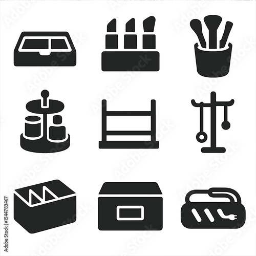 Vanity Organizer Icons. Solid, filled icons set of vanity organization ideas: drawer tray, lipstick holder,