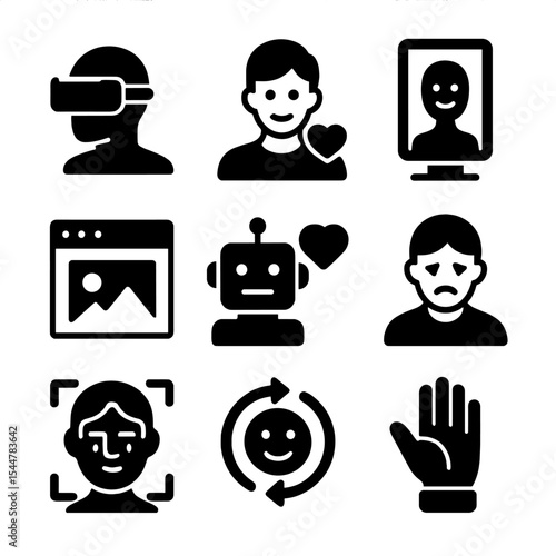 Virtual Empathy Icons. Solid, filled icons set of virtual empathy experiences: VR headset, emotional avatar,