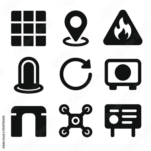 Virtual Game Icons. Solid, filled icons set of virtual game arenas: map grid, spawn point, danger zone,