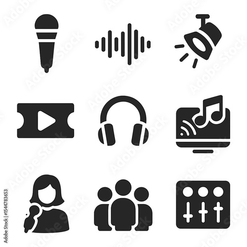 Virtual Concert Icons. Solid, filled icons set of virtual concerts and music streams: microphone icon, audio