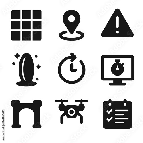 Virtual Game Icons. Solid, filled icons set of virtual game arenas: map grid, spawn point, danger zone,
