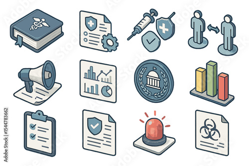 Healthcare and pandemic icons depicting data, safety, and communication