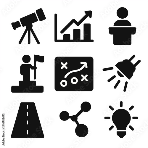 Visionary Leadership Icons. Solid, filled icons set of visionary leadership: telescope, rising graph, podium