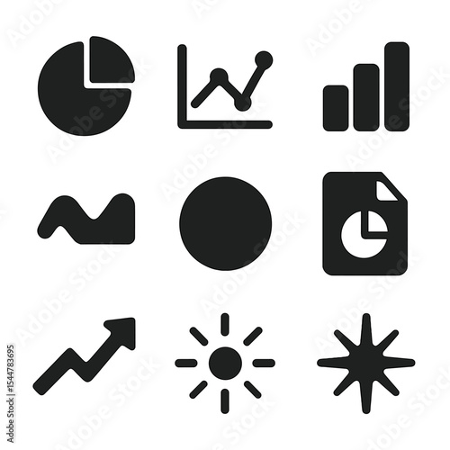 Visual Data Icons. Solid, filled icons set of visual data and metrics: pie chart, line graph, bar icon, metric