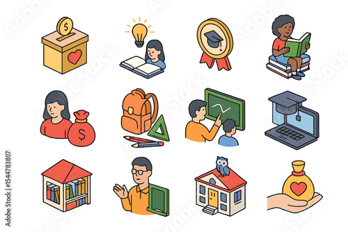 Education icons featuring diverse pupils and learning tools on gradient background