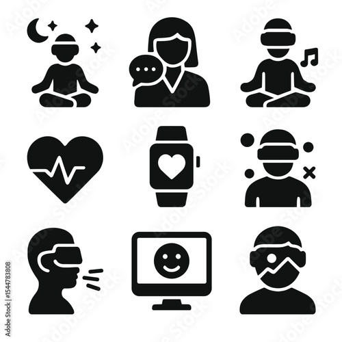 VR Health Icons Grid. Solid, filled icons set of health and therapy in VR: mindfulness space, virtual therapist, guided meditation