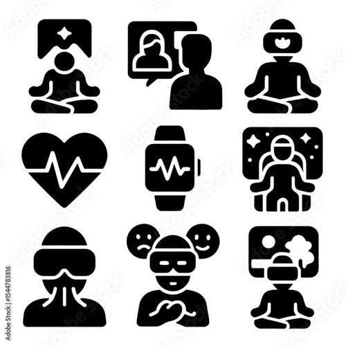 VR Health Icons Grid. Solid, filled icons set of health and therapy in VR: mindfulness space, virtual therapist, guided meditation, digital heartbeat, 