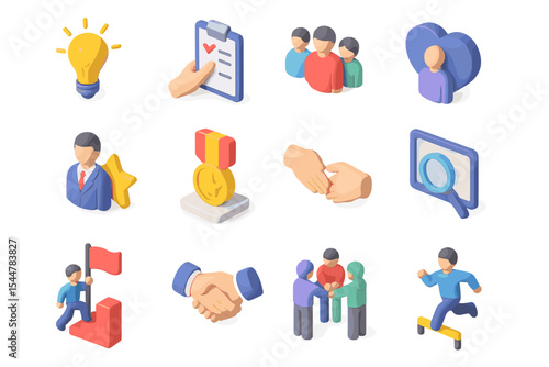 Diverse 3d icons of teamwork, collaboration, and leadership concepts