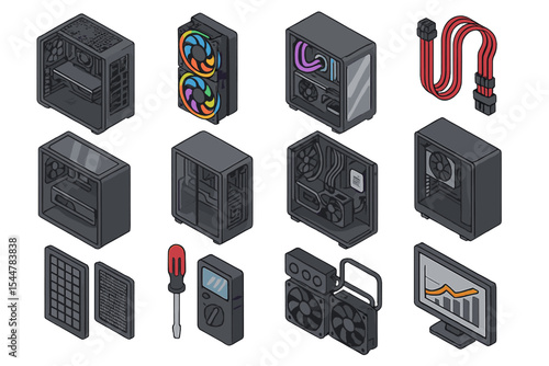 Collection of computer cases and components with led fans and cables