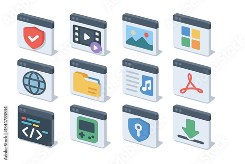 Isometric app icons for media, security, files, music, and web use