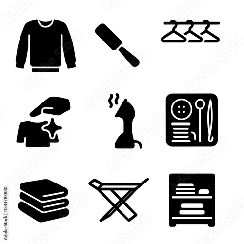 Wardrobe Essentials Icons. Solid, filled icons set of daily wardrobe routine: sweater, lint brush, hanging