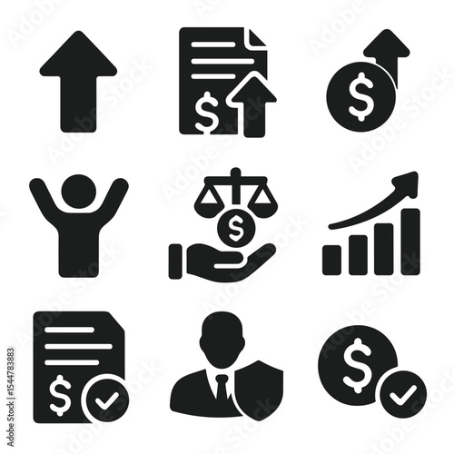 Wage Icons Grid. Solid, filled icons set of wage increases and adjustments: upward arrow, policy update, wage growth,