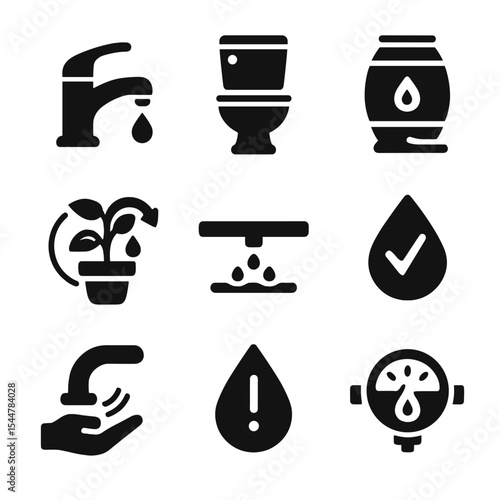 Water Conservation Icons. Solid, filled icons set of water conservation in buildings: low-flow faucet,