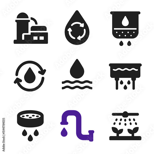 Water Recycling Icons. Solid, filled icons set of water recycling: treatment plant, recycled water symbol, filtration