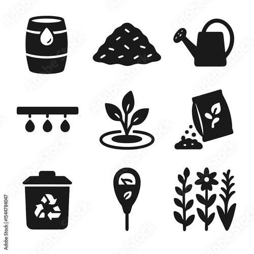 Water-Wise Gardening Icons. Solid, filled icons set of water-efficient gardening: rain barrel, mulch cover, watering can