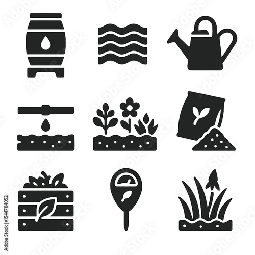 Water-Wise Gardening Icons. Solid, filled icons set of water-efficient gardening: rain barrel, mulch cover, watering can, 