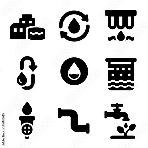 Water Recycling Icons. Solid, filled icons set of water recycling: treatment plant, recycled water symbol, filtration 