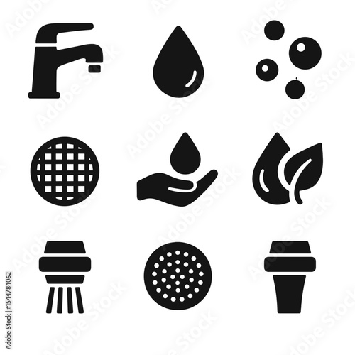 Water-Saving Faucet Icons. Solid, filled icons set of tap with aerator features: faucet icon, water drop, air