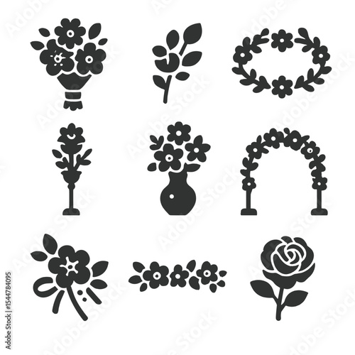 Wedding Floral Icons. Solid, filled icons set of wedding flower arrangements: bridal bouquet, boutonniere,