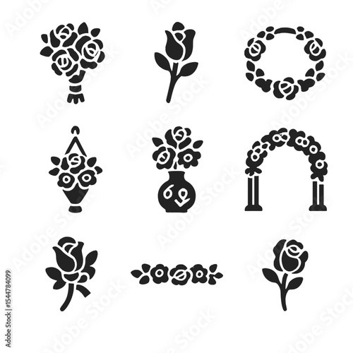 Wedding Floral Icons. Solid, filled icons set of wedding flower arrangements: bridal bouquet, boutonniere,