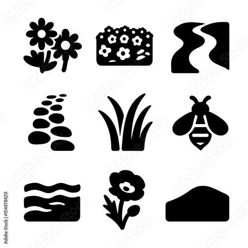 Wildflower Icon Grid. Solid, filled icons set of wildflower riverbanks: daisy cluster, buttercup field,