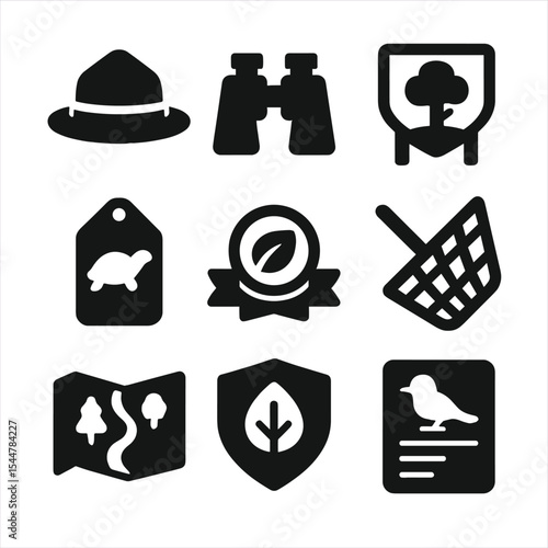Wildlife Conservation Icons. Solid, filled icons set of wildlife conservation: ranger hat, binoculars,