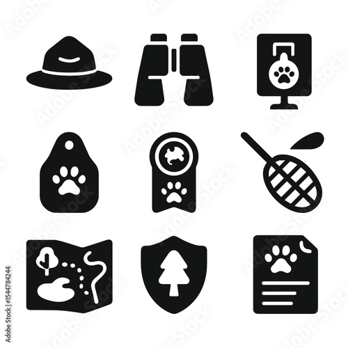 Wildlife Conservation Icons. Solid, filled icons set of wildlife conservation: ranger hat, binoculars,