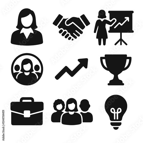 Women in Business Icons. Solid, filled icons set of supporting women in business: female professional,