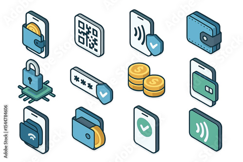 Isometric mobile payment and security icons set featuring wallet and qr code