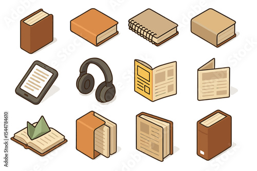 Collection of various book formats including ebook and audiobook icons