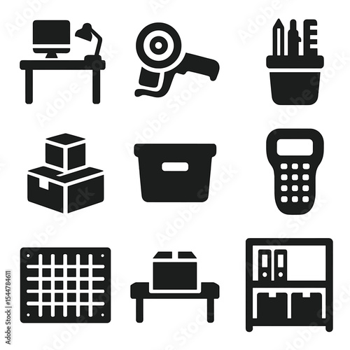 Workspace Organization Icons. Solid, filled icons set of workspace organization: clean desk, tape gun, pen