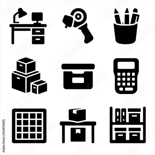 Workspace Organization Icons. Solid, filled icons set of workspace organization: clean desk, tape gun, pen