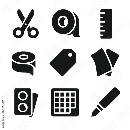 Wrapping Tools Icons. Solid, filled icons set of wrapping accessories and tools: scissors, tape icon, ruler, ribbon roll, tag icon, tissue paper, sticker set, cutting mat, craft knife.