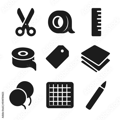 Wrapping Tools Icons. Solid, filled icons set of wrapping accessories and tools: scissors, tape icon, ruler, ribbon roll, tag icon, tissue paper, sticker set, cutting mat, craft knife.