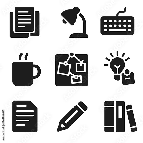 Writer's Workspace Icons. Solid, filled icons set of writer’s workspace: manuscript pages, reading light,