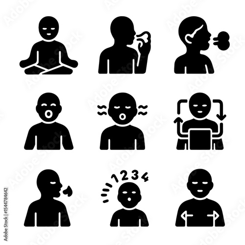 Yoga Breathing Icons. Solid, filled icons set of yoga breathing practices: pranayama pose, alternate nostril,
