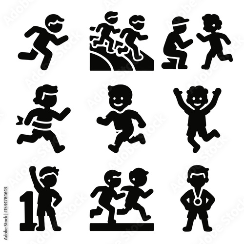 Youth Sports Icons. Solid, filled icons set of youth sports sprinting: kids sprinting, youth track meet, supportive coach, fun run