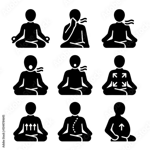 Yoga Breathing Icons. Solid, filled icons set of yoga breathing practices: pranayama pose, alternate nostril, ocean breath, 