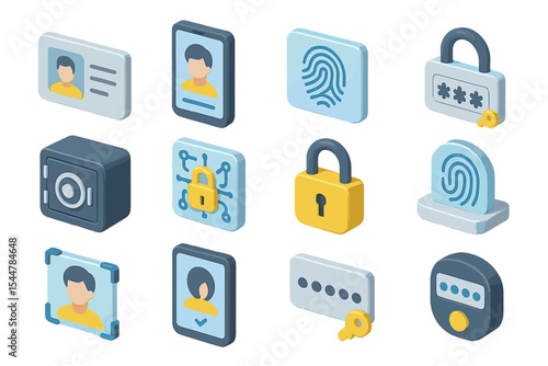 Isometric icons of digital security features with locks and fingerprints