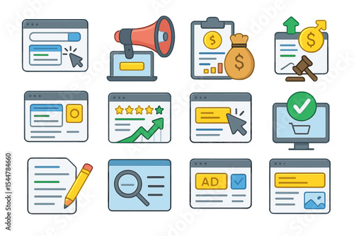 Colorful online advertising and marketing icons with charts and symbols