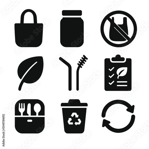 Zero Waste Icons. Solid, filled icons set of zero waste lifestyle promotion: cloth bag, glass jar, no plastic