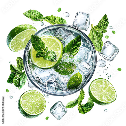 Refreshing Mojito Drink with Ice, Lime Slices, and Mint Leaves