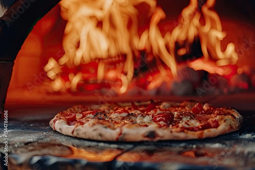 High Definition Picture of CloseUp of Fresh Baked Pizza, Traditional WoodFired Oven Background