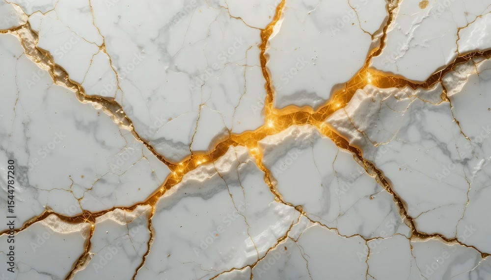 Fototapeta premium Glowing gold resin fills cracks in white marble texture background