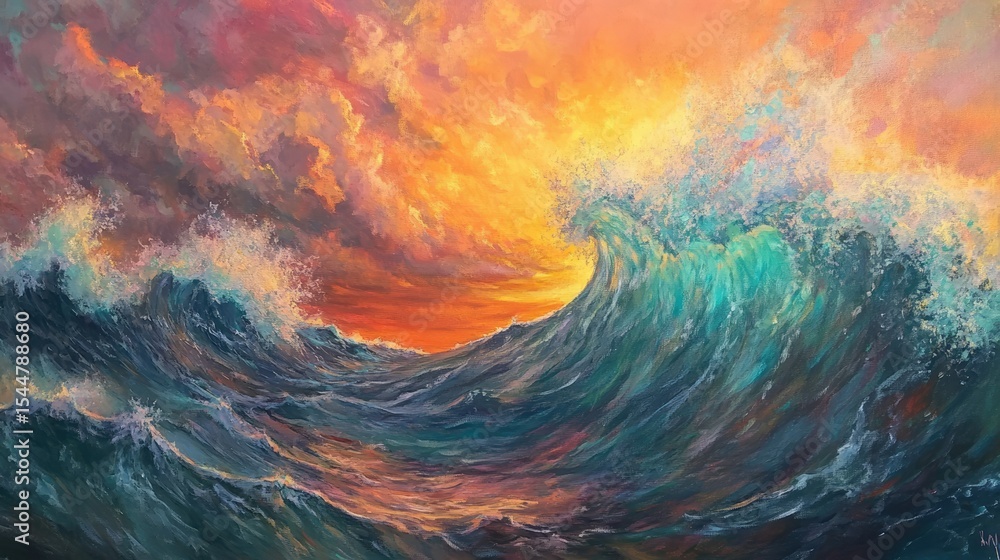 Dramatic Ocean Waves Under Sunset Sky with Vibrant Colors and Turbulent Waters Captured in an Artistic Painting Dramatic Ocean Waves Under Sunset Sky with Vibrant Colors and Turbulent Waters Captured in an Artistic Painting