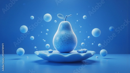Blue Pear with Floating Bubbles