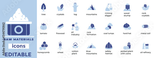 Editable raw materials vector icons for industry, supply chains, and production. Clean, minimal line art style.