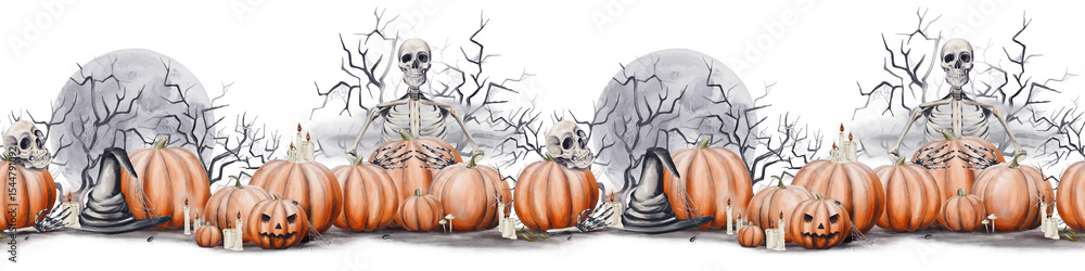 Seamless border with pumpkins and skeletons. Jack's head. Halloween border. Old black hat. Scary branches with cobwebs and full moon. Candles are burning. Watercolor illustration. Hand drawing. Seamless border with pumpkins and skeletons. Jack's head. Halloween border. Old black hat. Scary branches with cobwebs and full moon. Candles are burning. Watercolor illustration. Hand drawing.